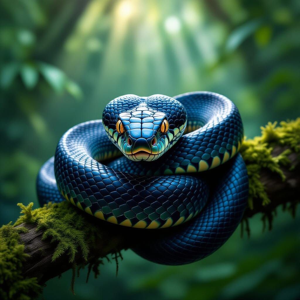 Detailed Portrait of a Black Mamba in Rainforest