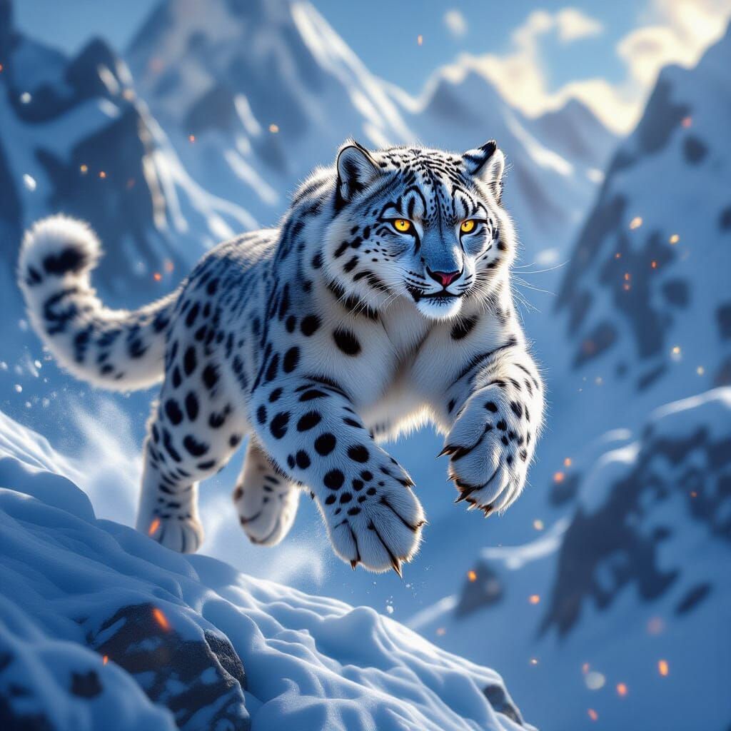 Snow Leopard Leaps Through Glacial Landscape in Hyperreal St...