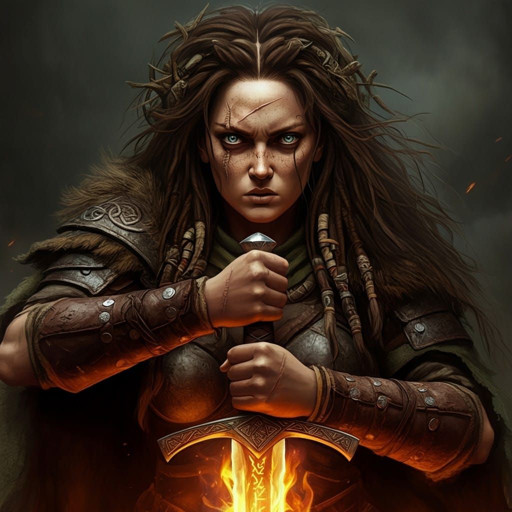 Female Druid Wields Flaming Sword with Fierce Intensity