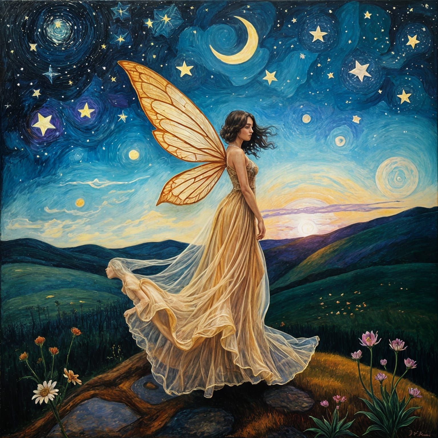 Ethereal Fairy in Starry Surreal Landscape