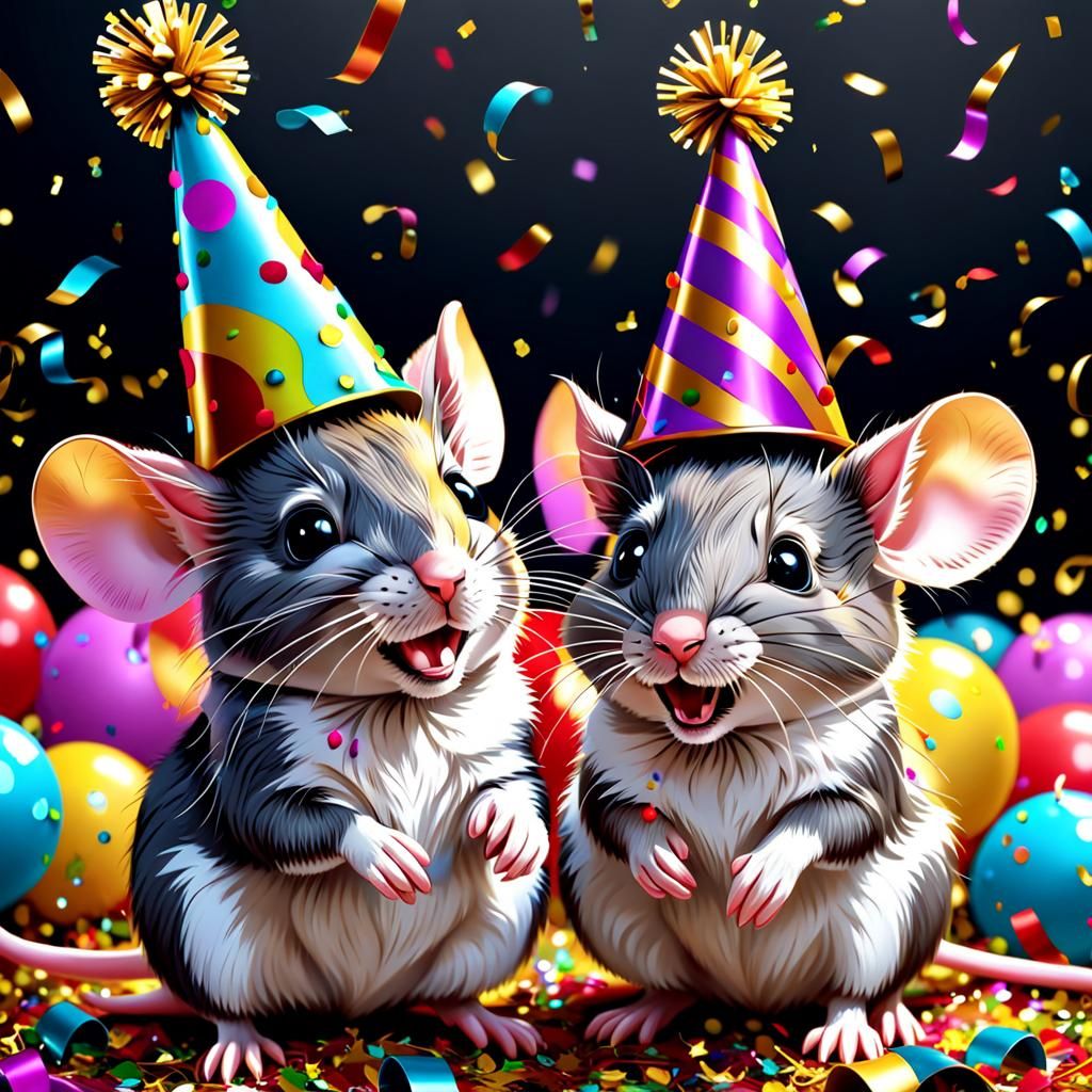 Party Mice in Confetti Shower: Detailed 8K Drawing