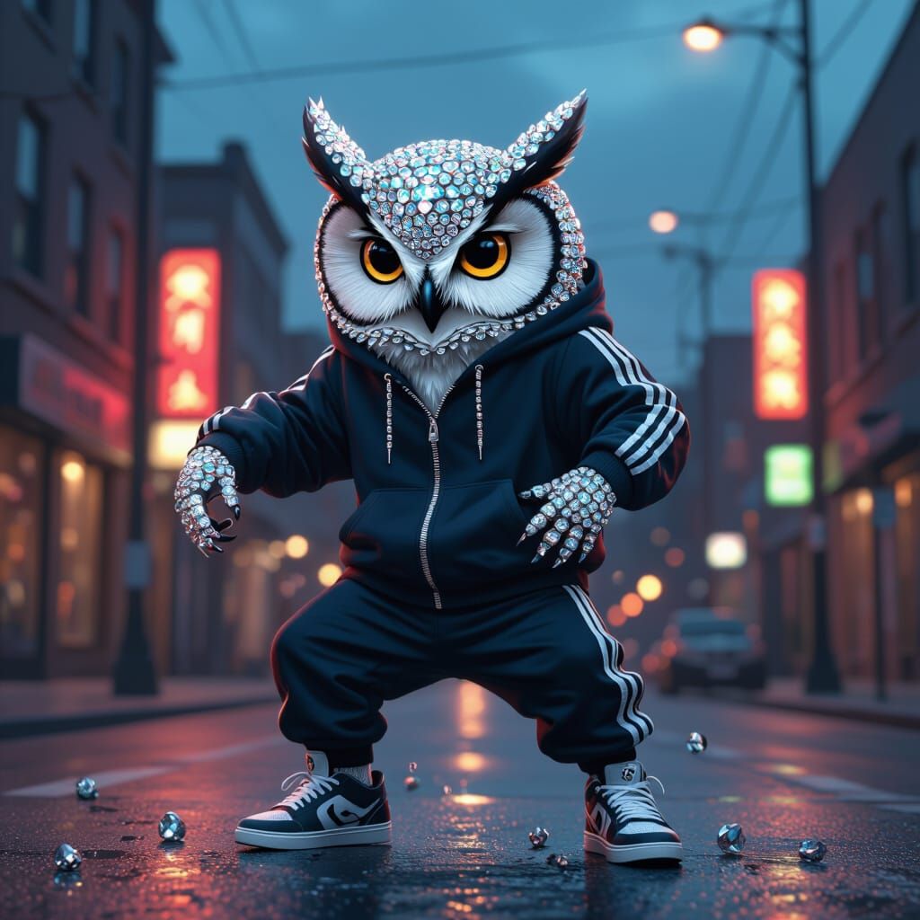 Diamond Owl Breakdancing in Cyberpunk Style