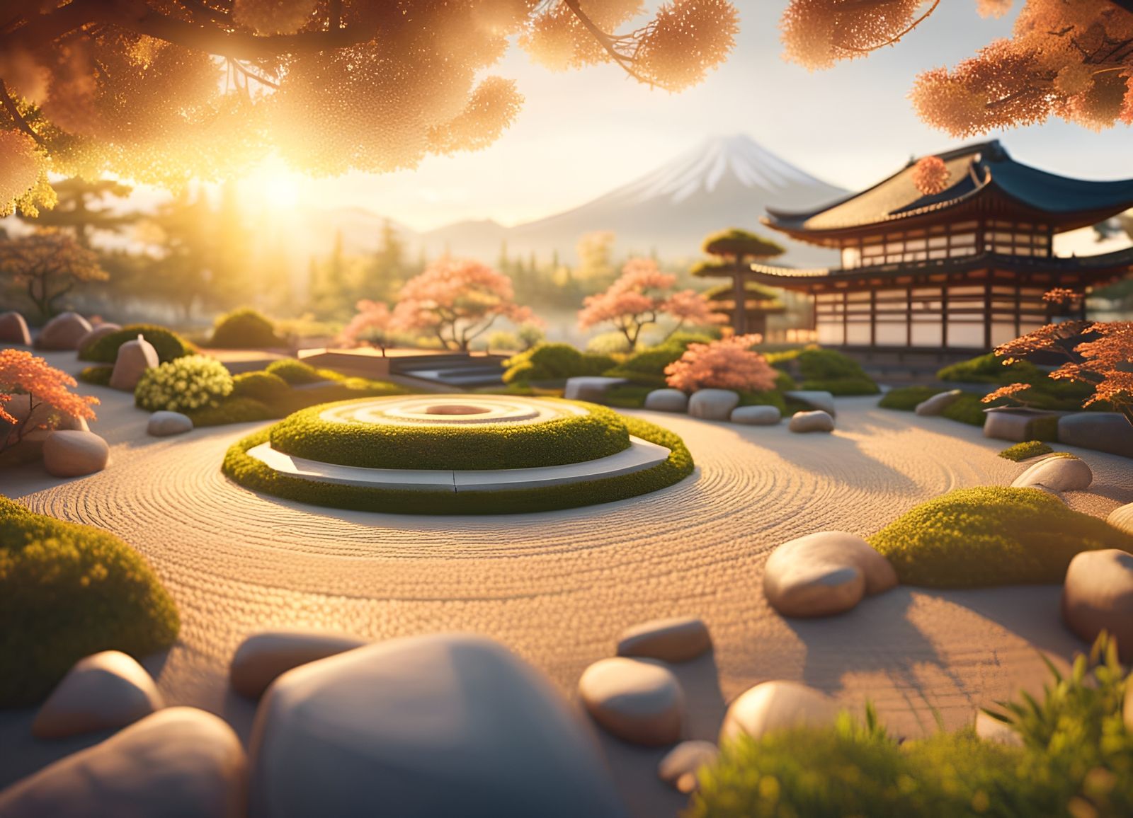 Ethereal Zen Garden with Aurora Lights