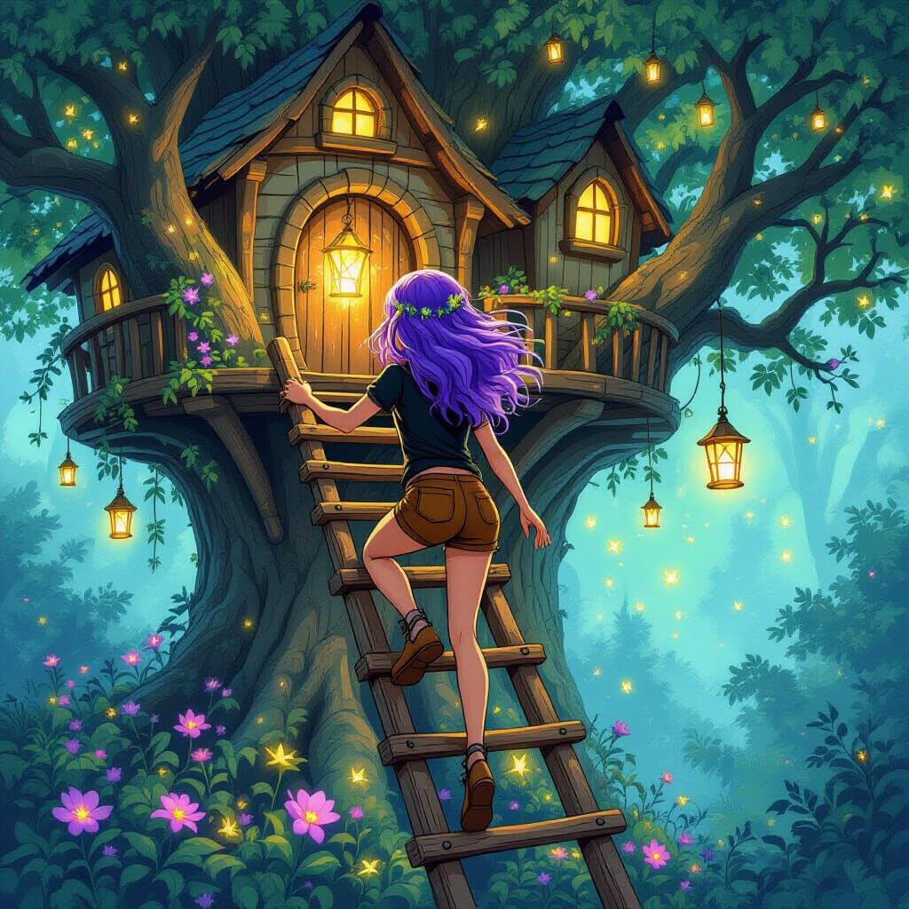 Enchanted Forest Treehouse: A Whimsical Fantasy Illustration