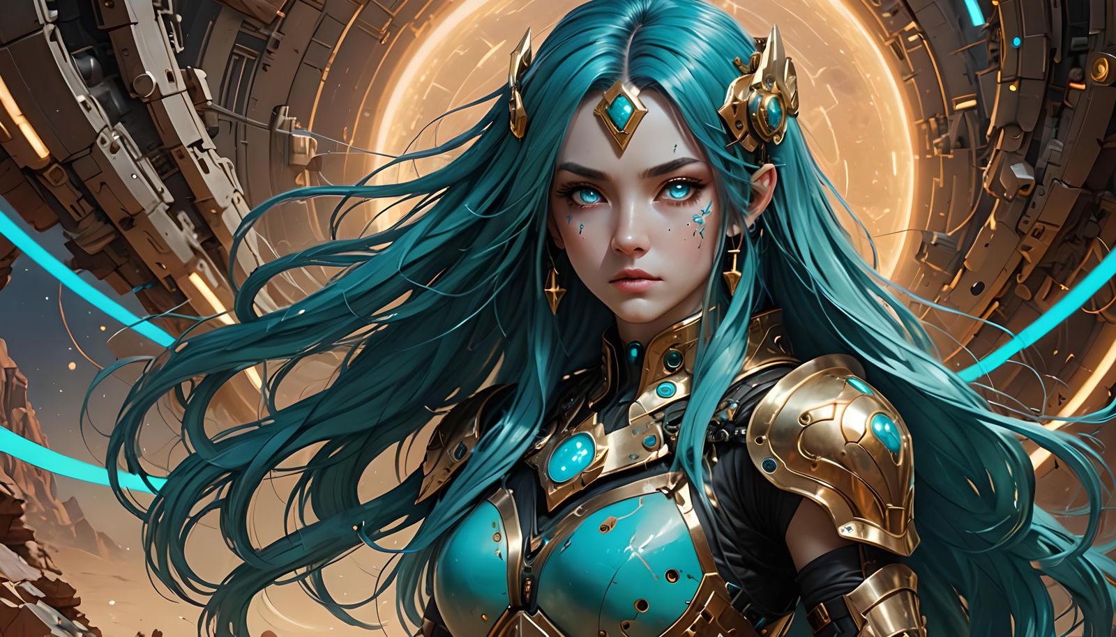 Anime Woman with Tattoos and Golden Armor on Mars