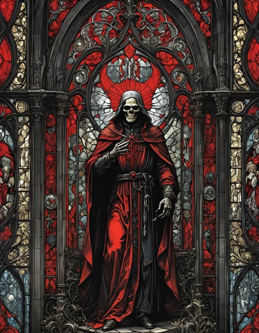 Gothic Horror Stained Glass Window in Red and Black