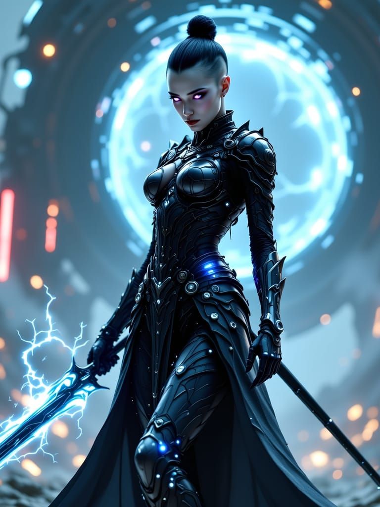 Futuristic Warrior Emerging from Energy Portal