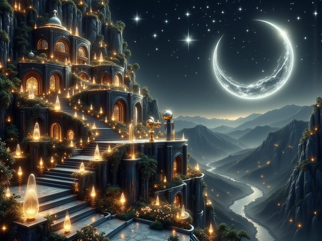 Obsidian Observatory Under a Crescent Moon