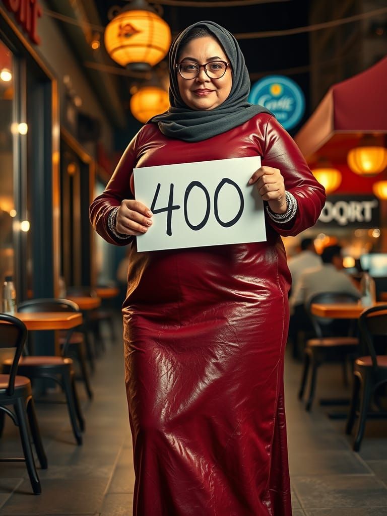 Elegant Woman in Maroon Dress Holds '400' Sign in Night Cafe