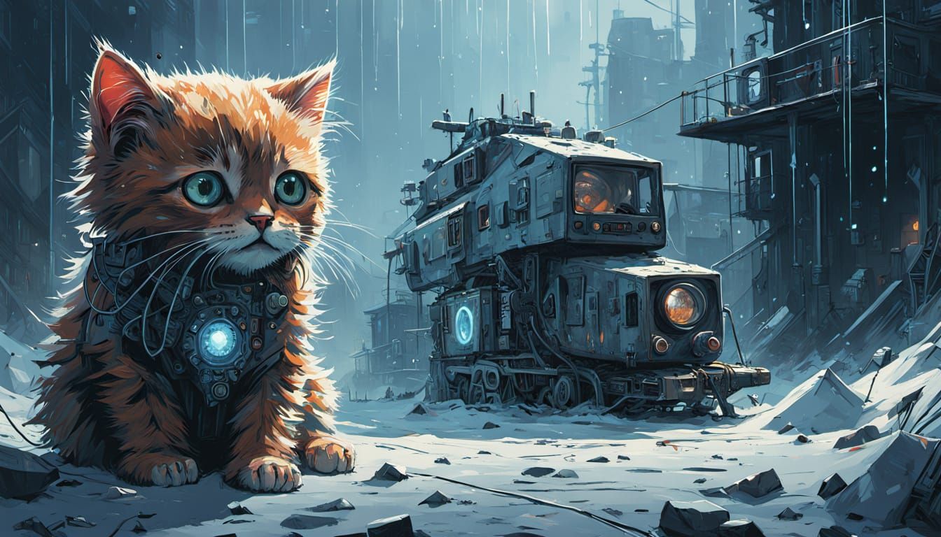 Surreal Cyberpunk Feline Surrounded by Diamond Rain
