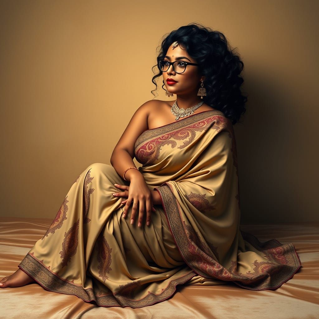 Elegant Indian Woman in Flowing Sari, Digital Art