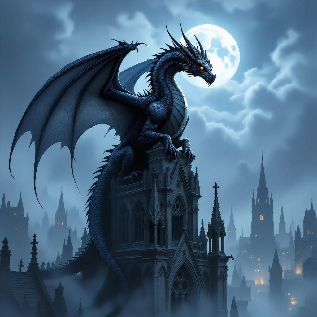 Ancient Dragon on Gothic Cathedral in Dark Fantasy Style