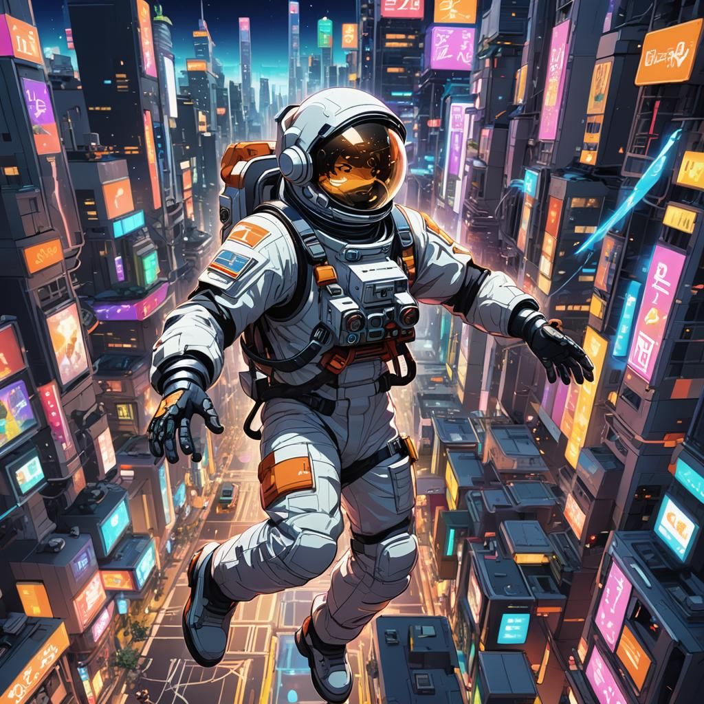 Cheerful Astronaut Mascot in Anime-Style Cityscape