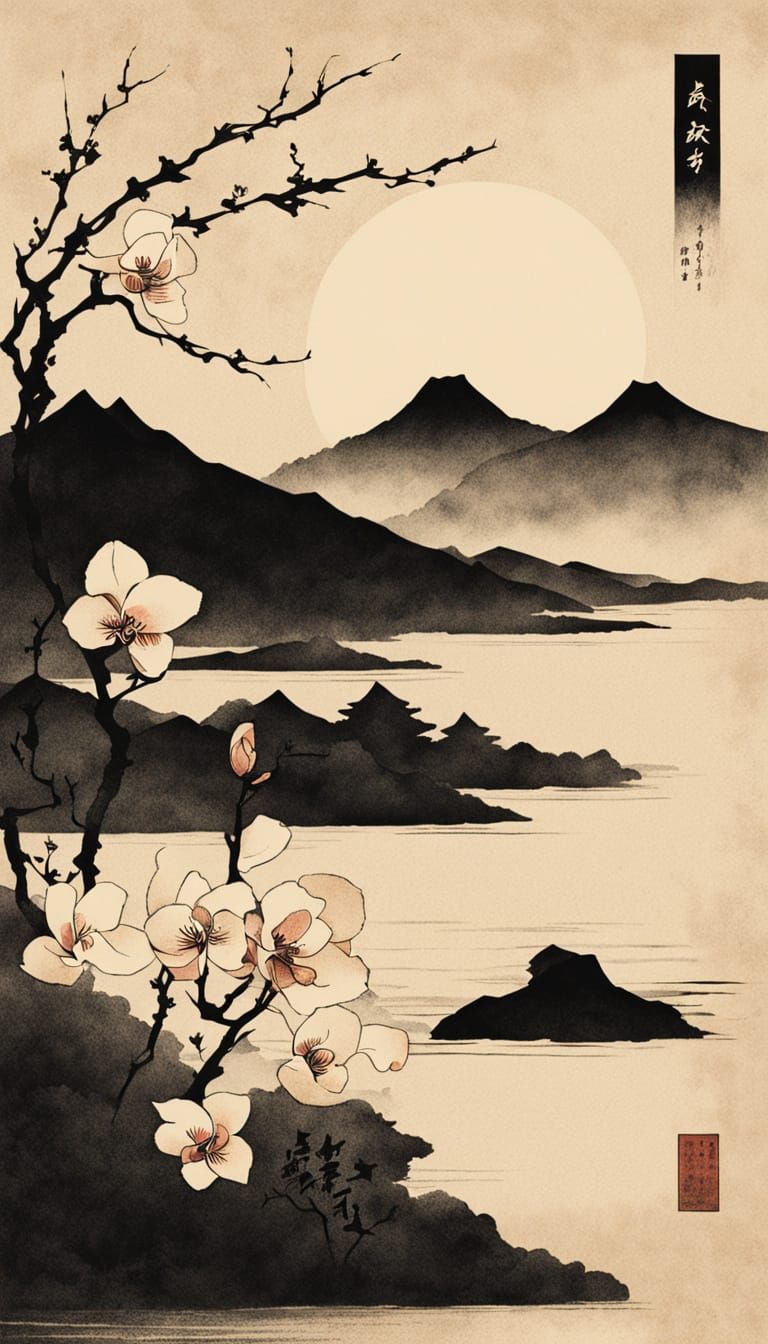 Elegant Japanese Woodblock Print with Delicate Orchid