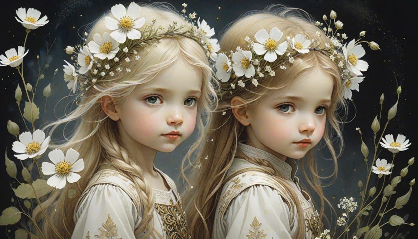 Siblings Pick Wildflowers in a Colorful Meadow