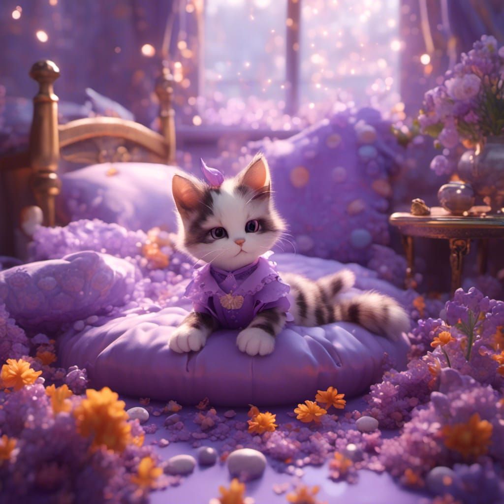 Calico Kitten on Purple Bed in 3D Anime Style