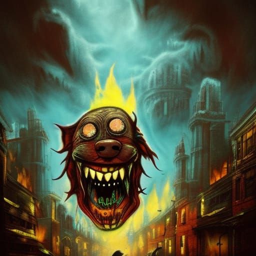 Horrific Skinwalker Dog in Burning Urban Landscape