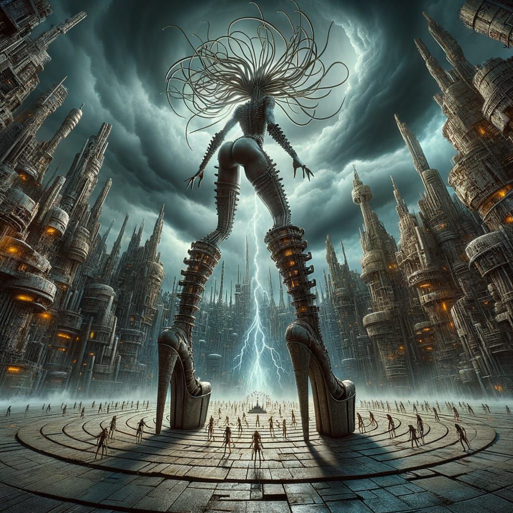 Dieselpunk Cityscape With Woman Drawing Lightning