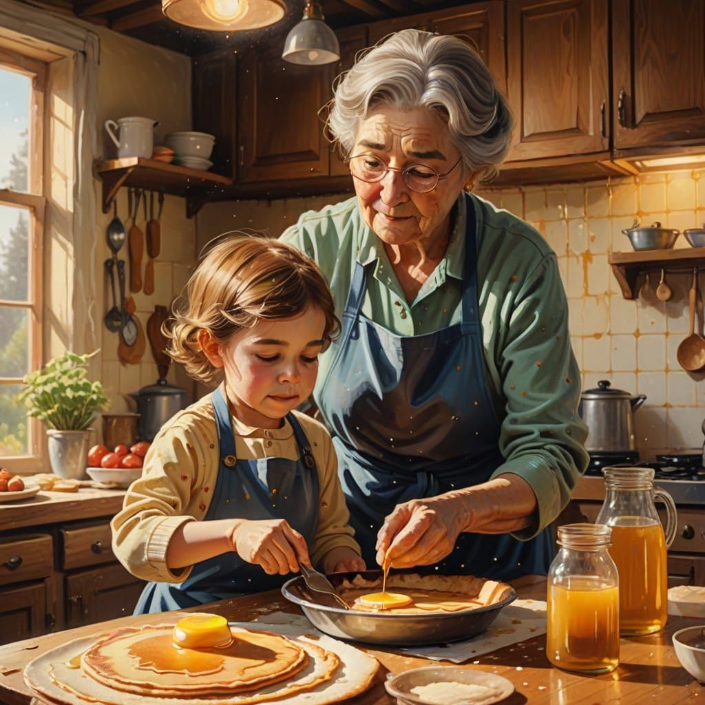 Grandma Baking Pancakes: A Cozy Oil Painting