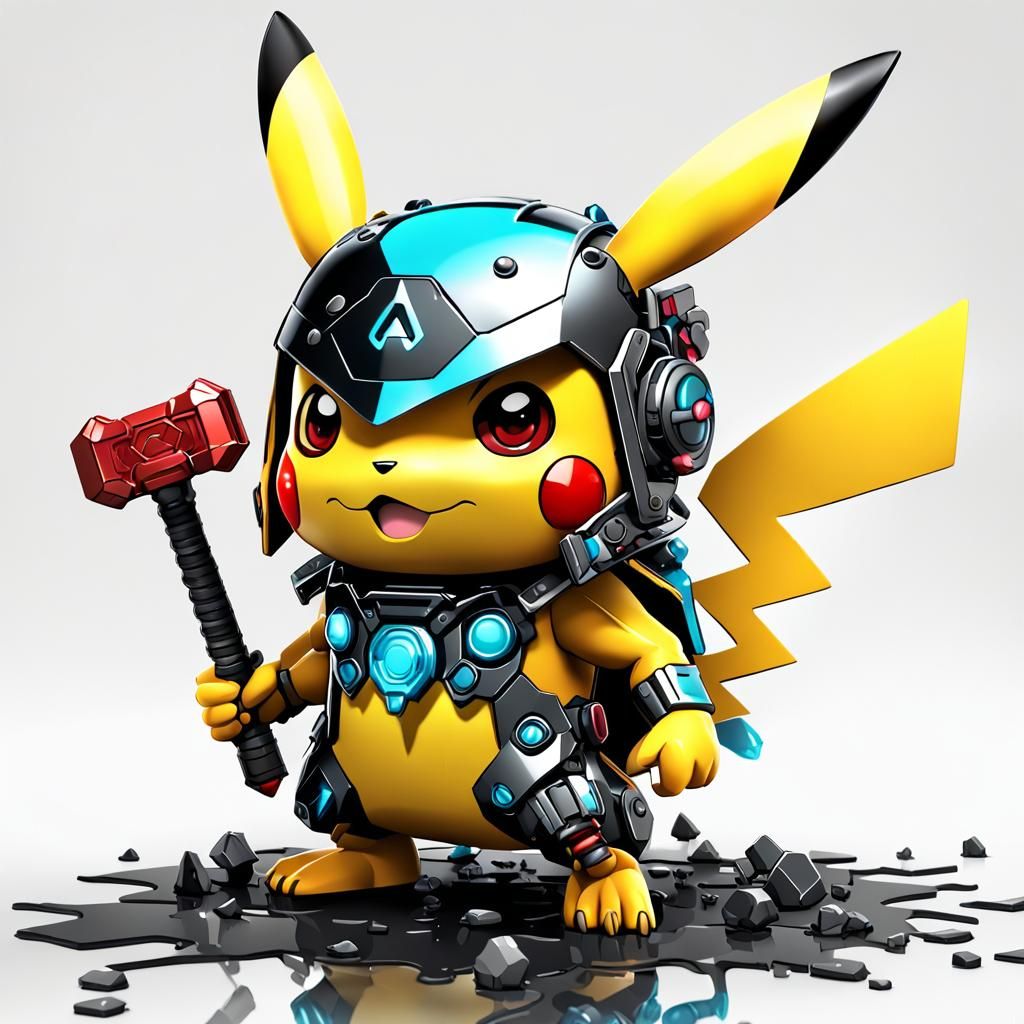 Angry Pikachu Sticker with Thor Hammer, Kawaii Vector Art