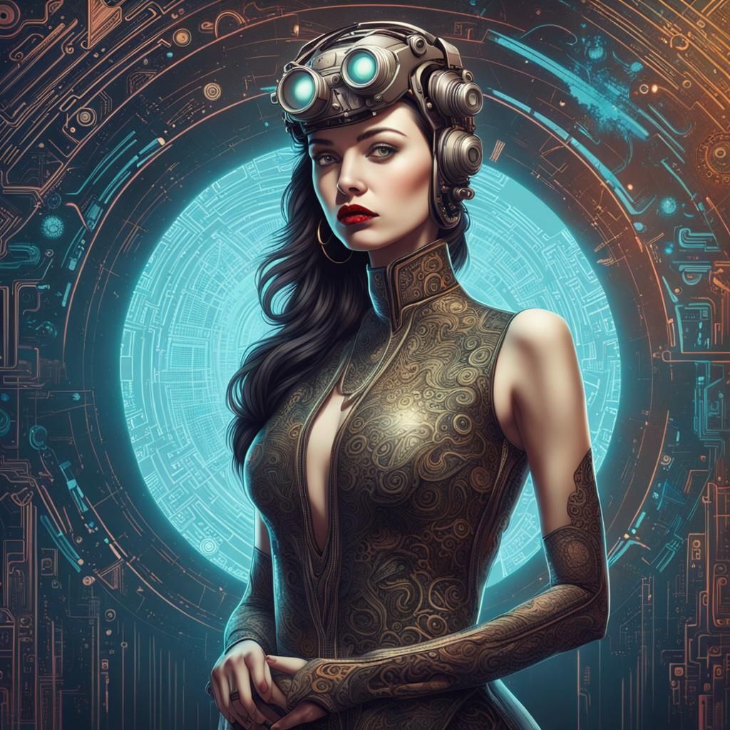 Elegant Woman in Intricate Cyberpunk Retrofuturist Style