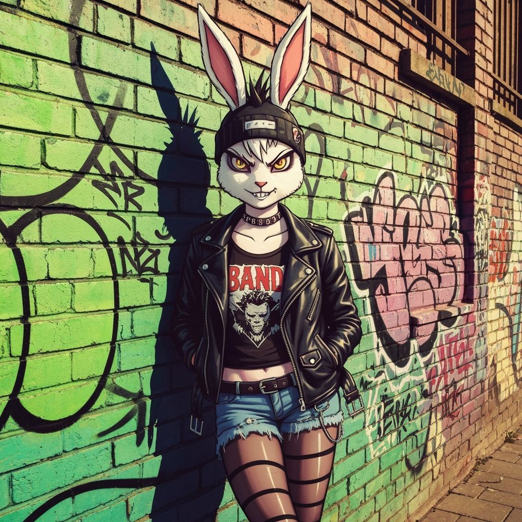 Punk Rock Skater Bunny in Hand-Drawn Cartoon Style