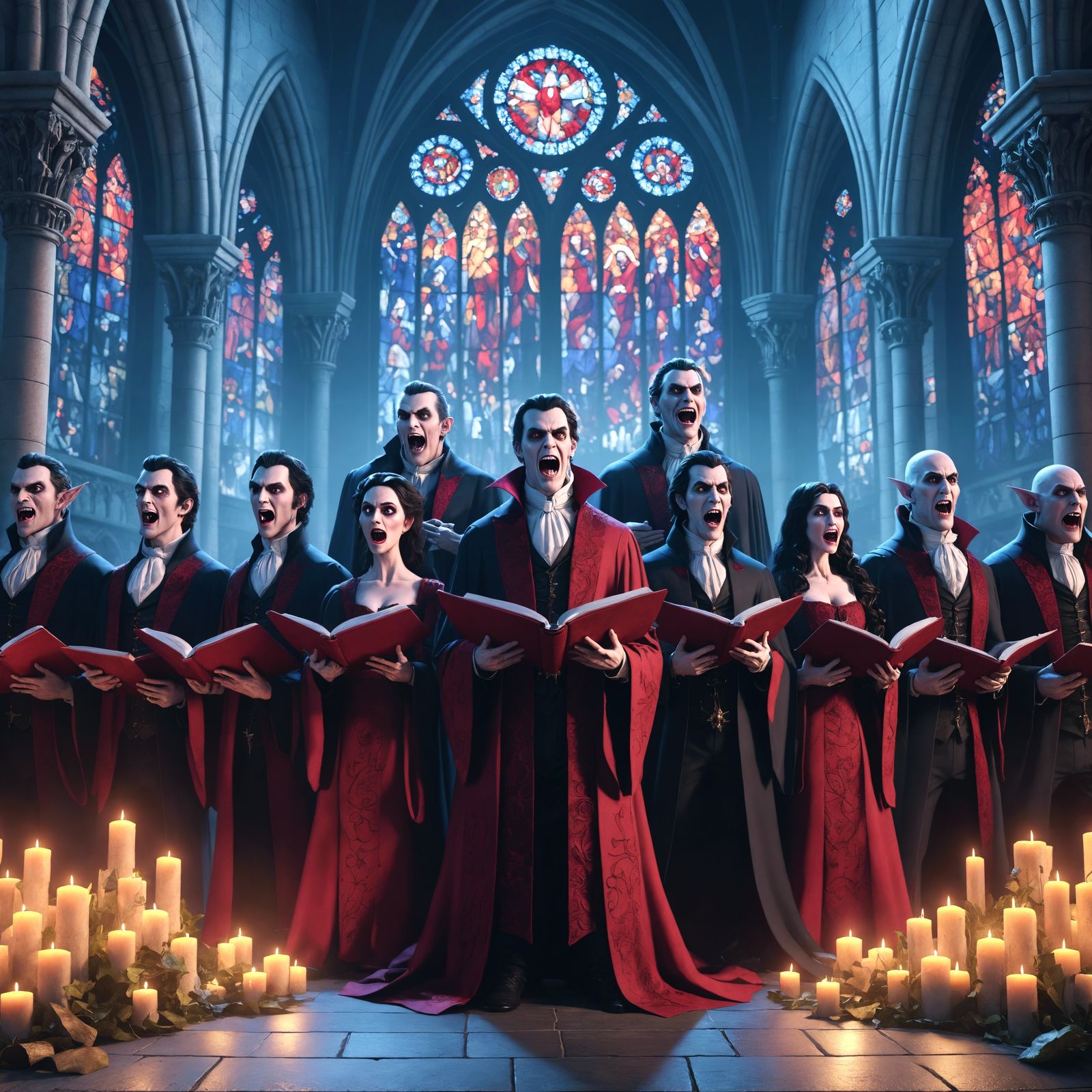 Cartoon Vampire Choir in Gothic Cathedral