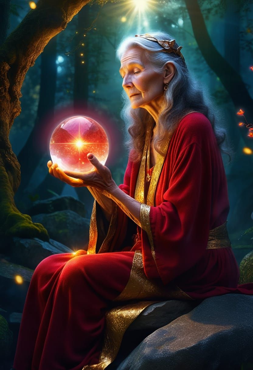 Mystical Wise Woman in Golden Hour Cosmic Landscape