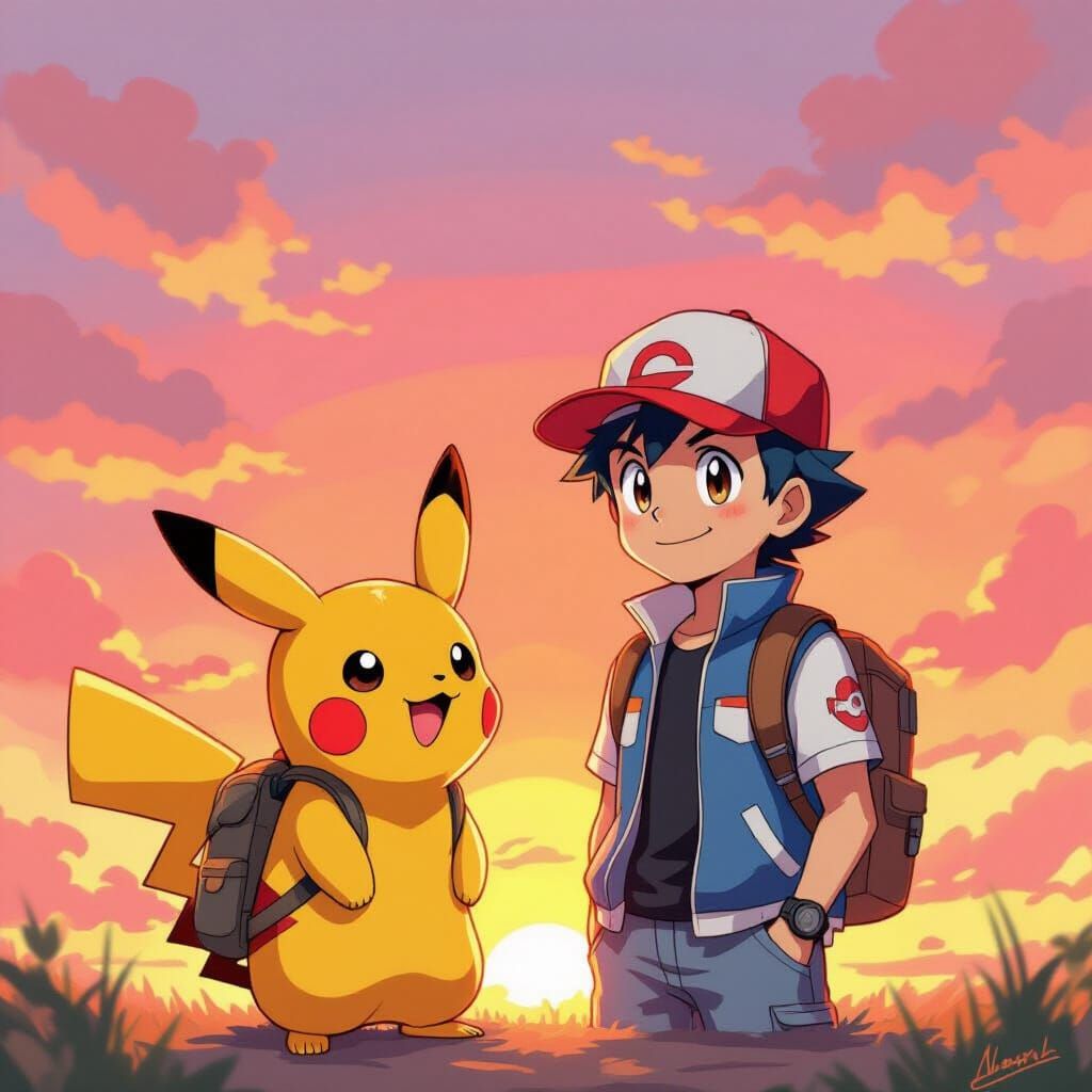 Pikachu and Ash at Sunset: Watercolor Digital Art