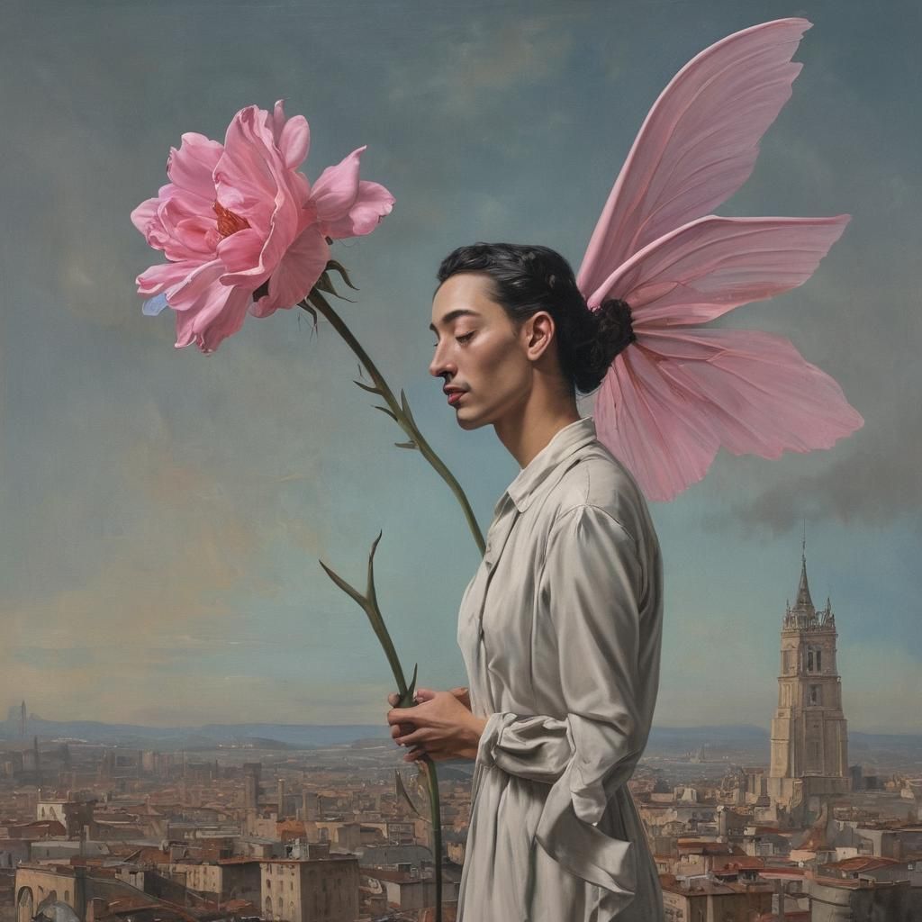 Surreal Cityscape: Flower Transformation in Oil