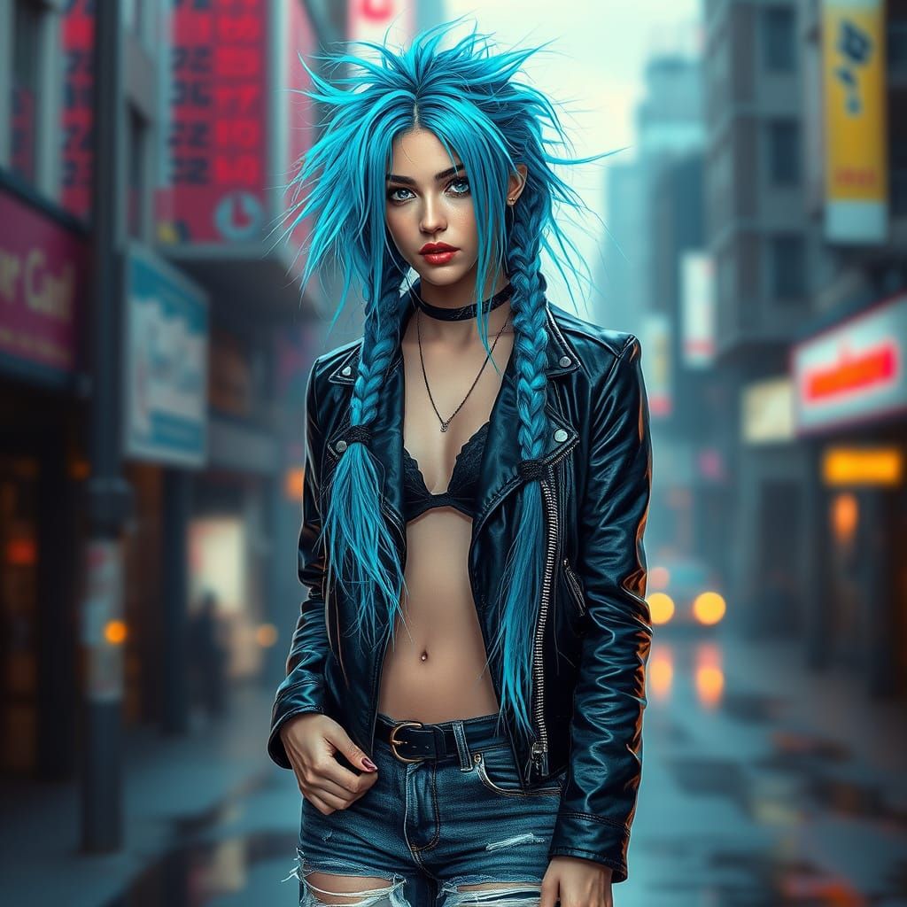 Cyberpunk Woman with Electric Blue Hair in Dystopian City