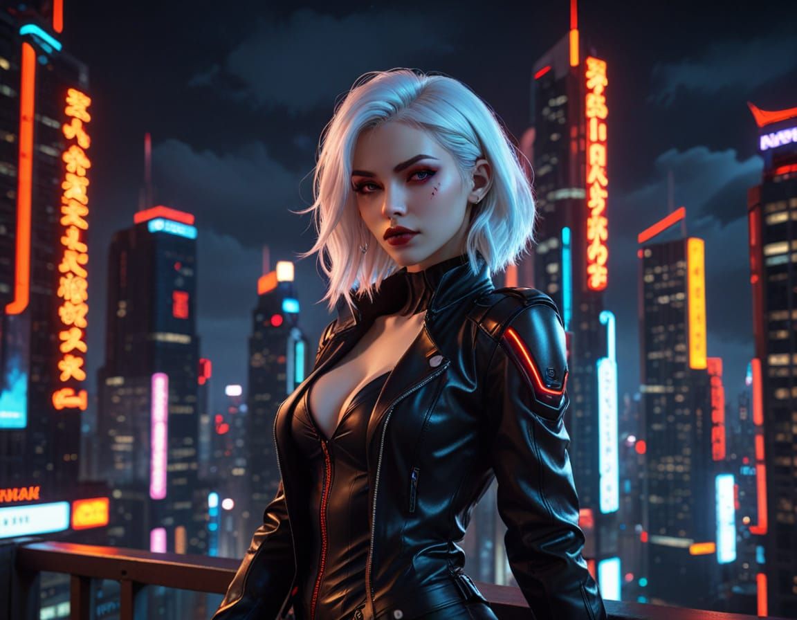 Cyberpunk Vampire Influencer Captured in Neon Cityscape