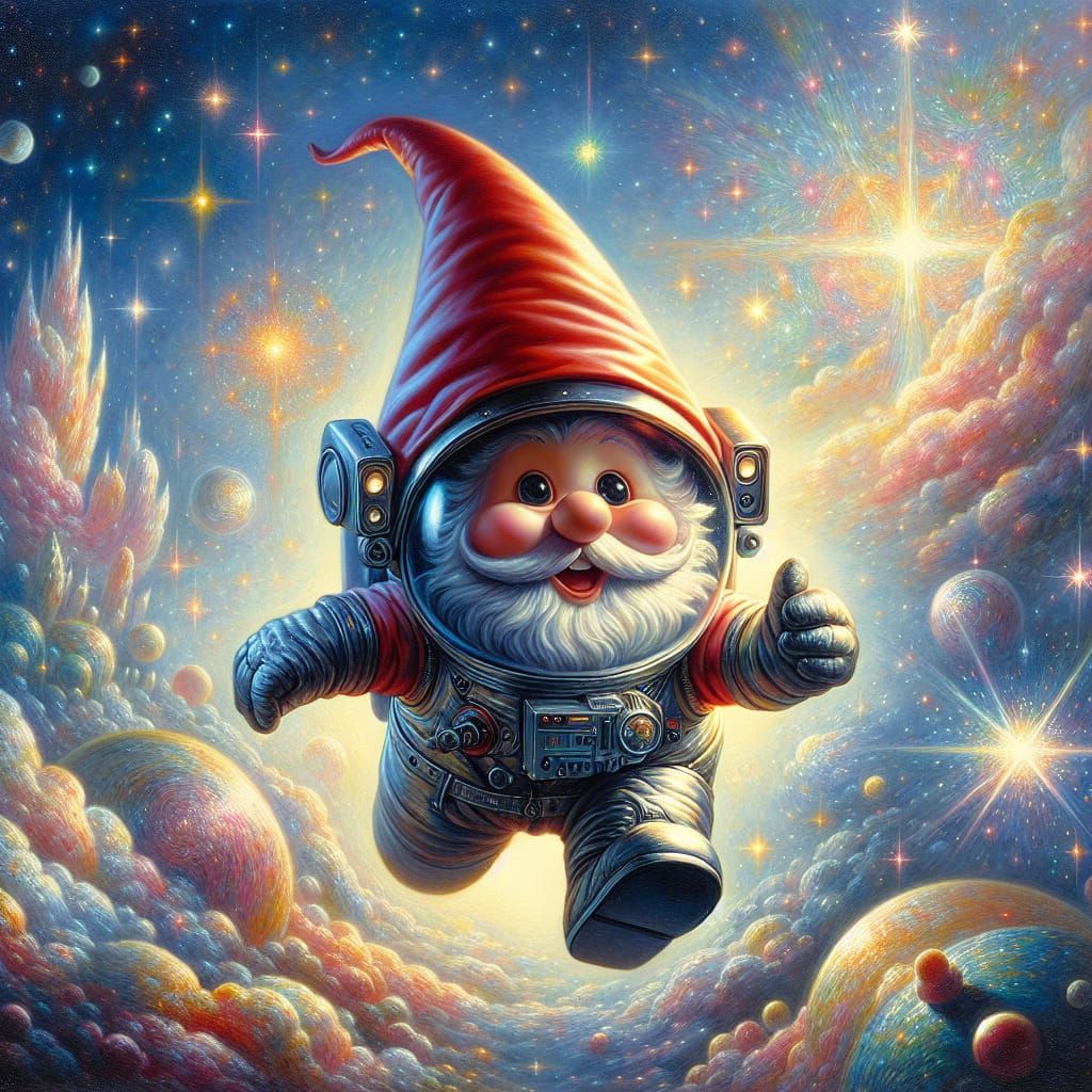 Gnome in Spacesuit Amidst Holographic Astral Elements