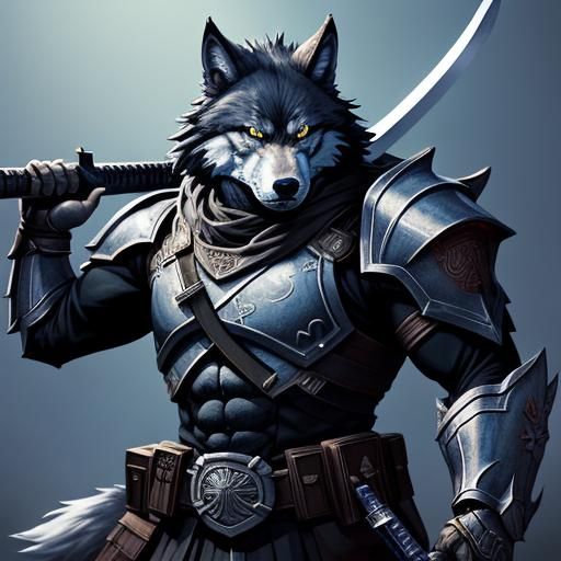 Anime Wolf Warrior with Katana and Gun