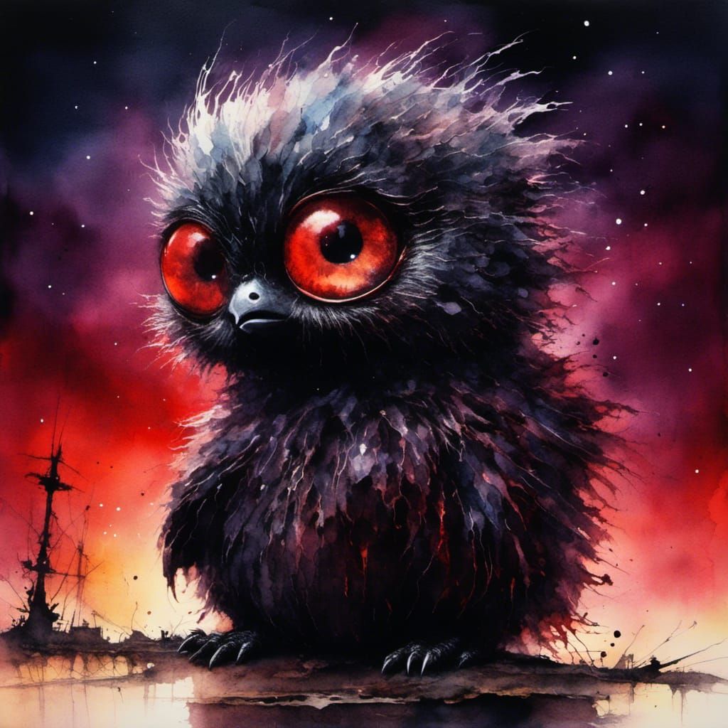 Dystopian Creature in Scarlet Sky, Antique Watercolor