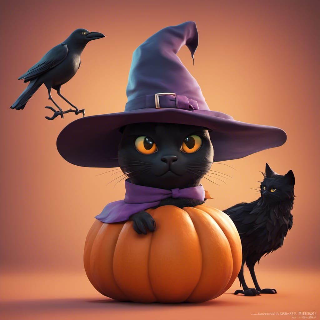 Halloween Friends: Pumpkin, Cat, Crow, and Hat in 3D