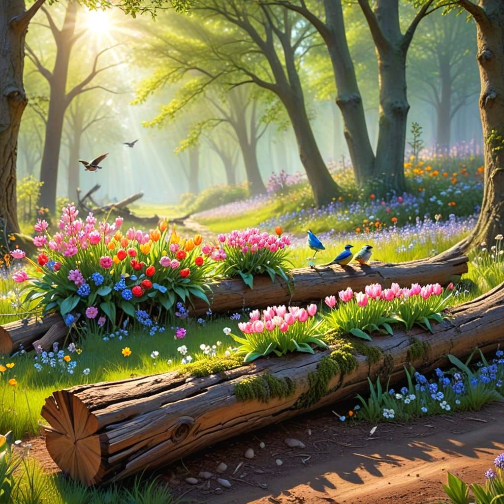 Surreal Spring Landscape with Vibrant Wildflowers and Butter...