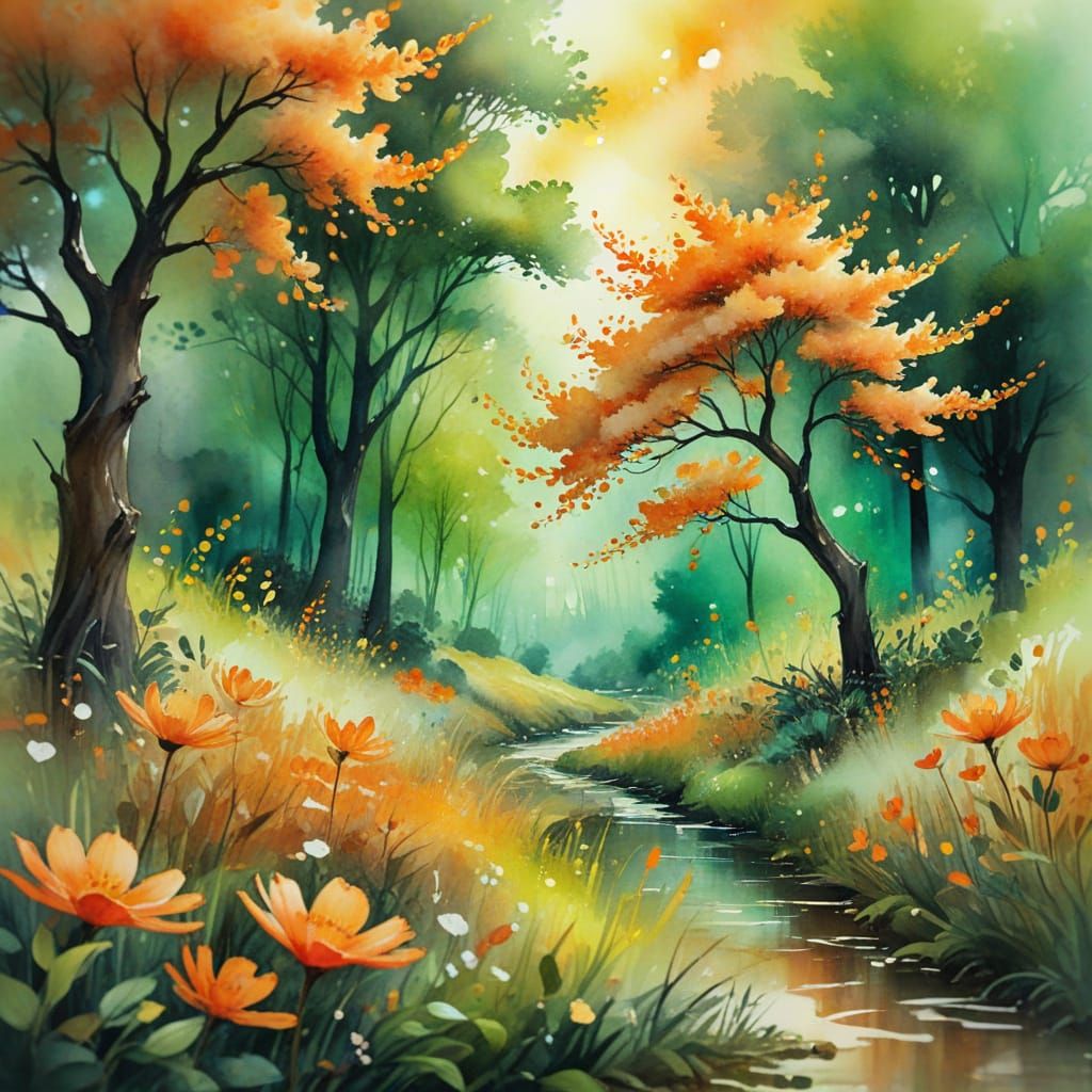 Ethereal Neon Watercolor Fantasy Landscape