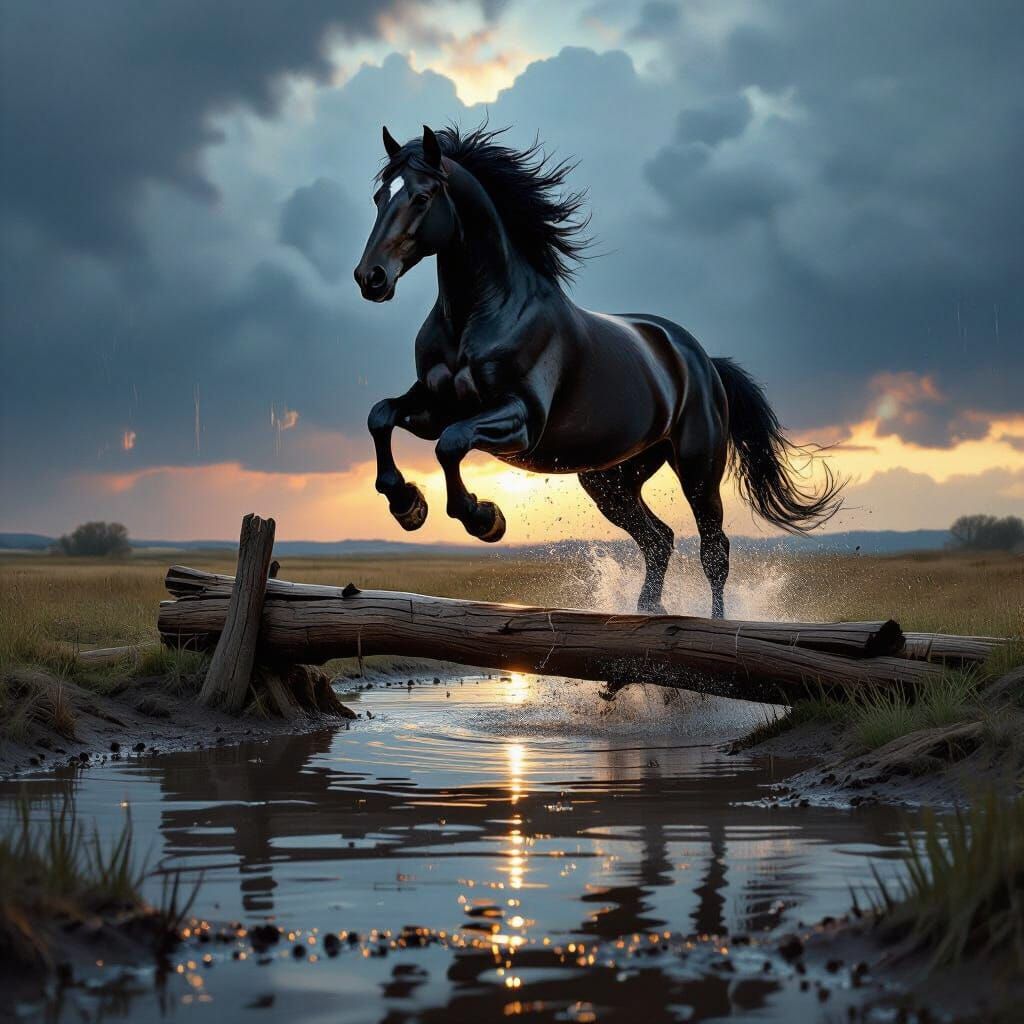 Powerful Black Stallion Leaps Over Waterlogged Log