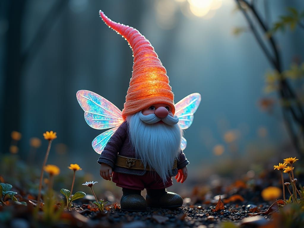 Gnome with Beehive Hat in a Luminous Wondergarden