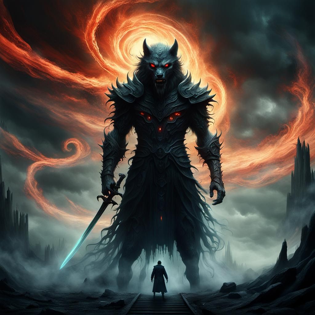 Demon Swordsman with Wolf Spirit, Gothic Dark Fantasy