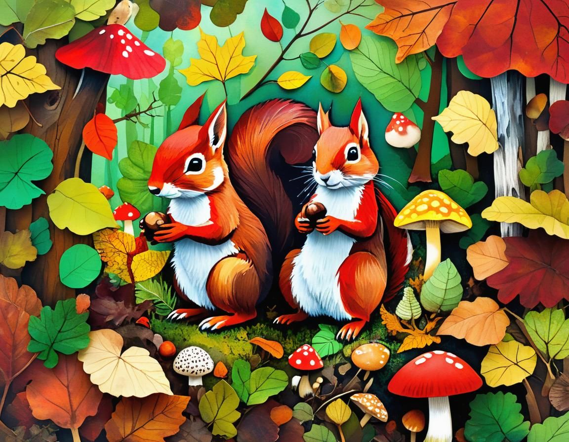 Naive Paper Collage of Squirrel with Autumnal Elements
