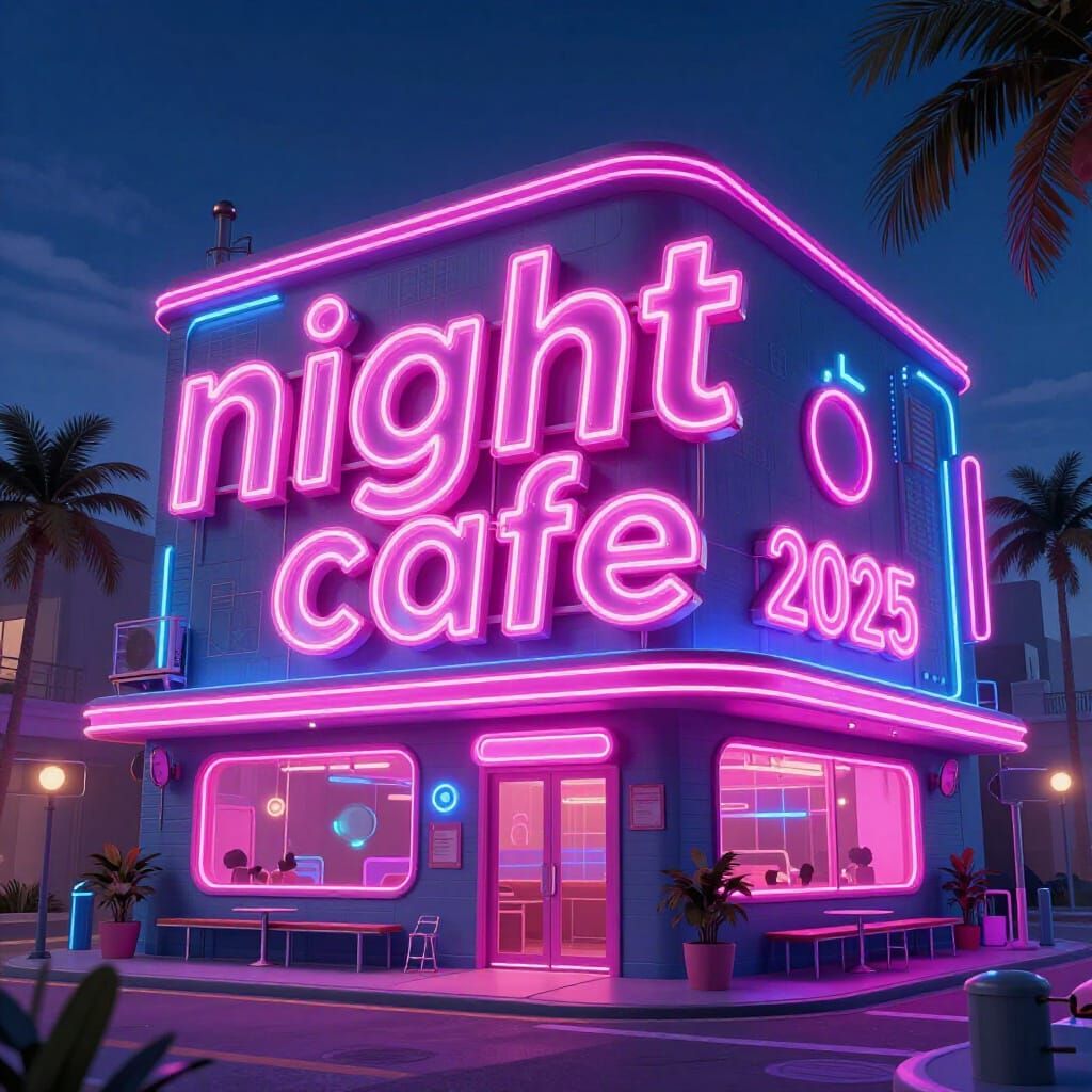 Neon Building With 'Night Cafe 2025' Sign in Synthwave Style