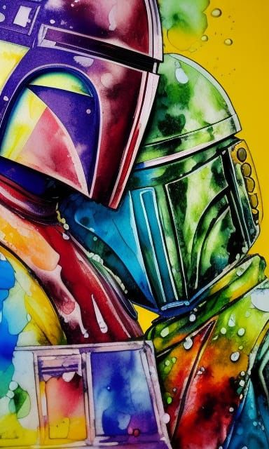 Romantic Mandalorian Couple in Vivid Splash Art Style