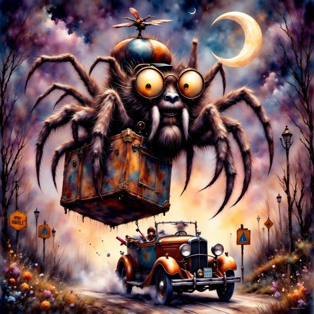 Spider Hitching Ride in Whimsical Gothic Style