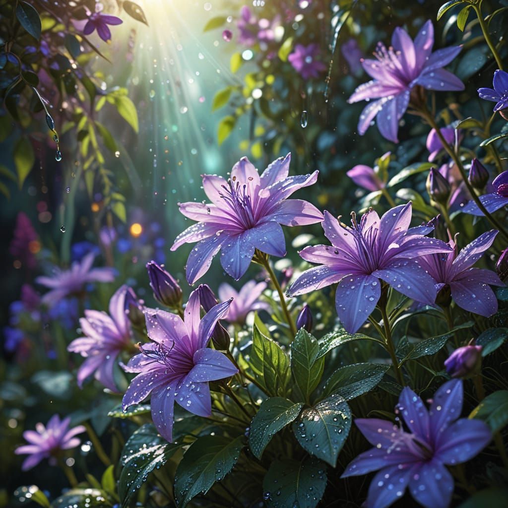 Purple Wildflowers in Dreamlike Garden: Photorealistic Digit...