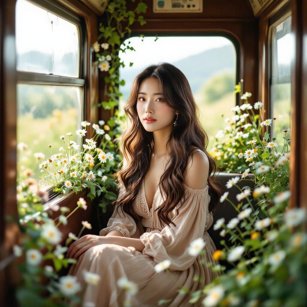 Korean Woman in Vintage Train with Blooming Garden