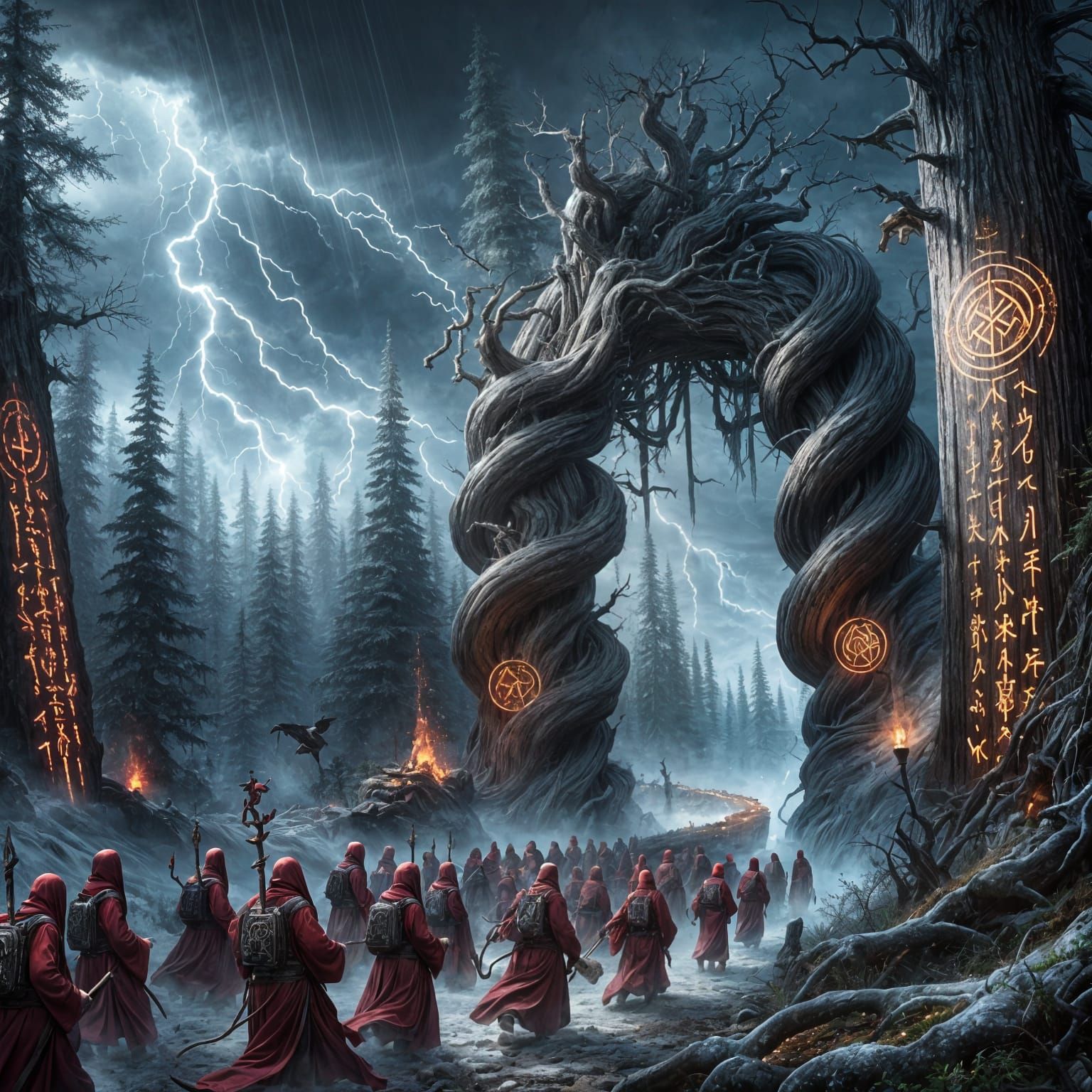 Monks March Through Twisted Forest Under Stormy Skies