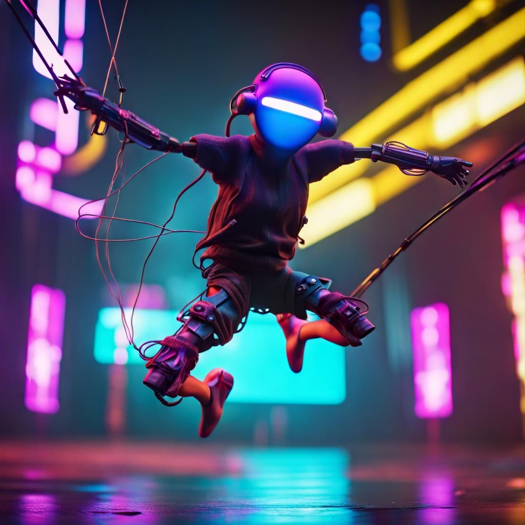 Cyberpunk Puppet Jumping for Joy in 4K