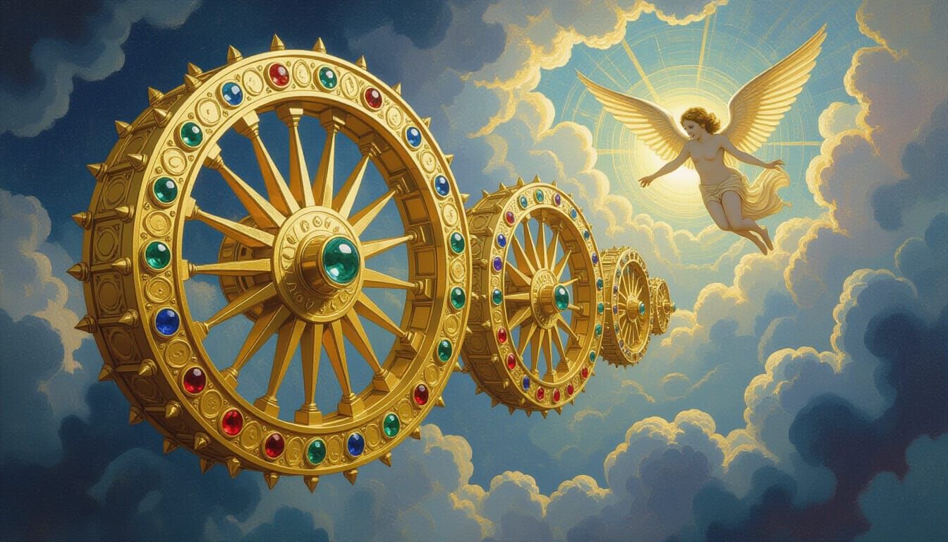Golden Wheels with Eyes in Ethereal Sky